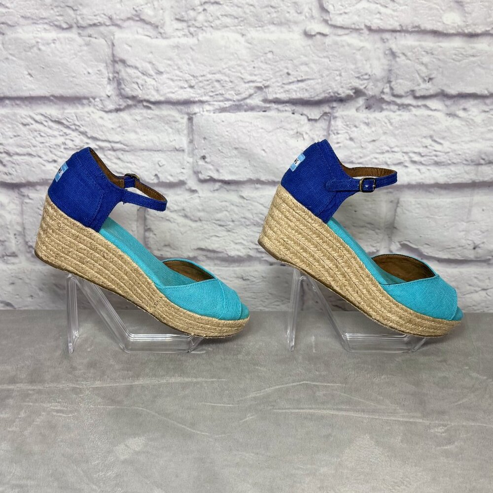 Toms Turquoise Canvas Ankle Strap Espadrille Wedges - Picture 1 of 5